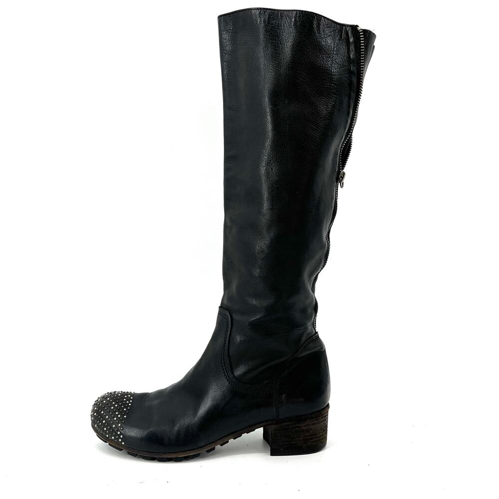 Vic Matie Black Leather Studded Toe Tall Boots Back Zip Leather Lined US8.5